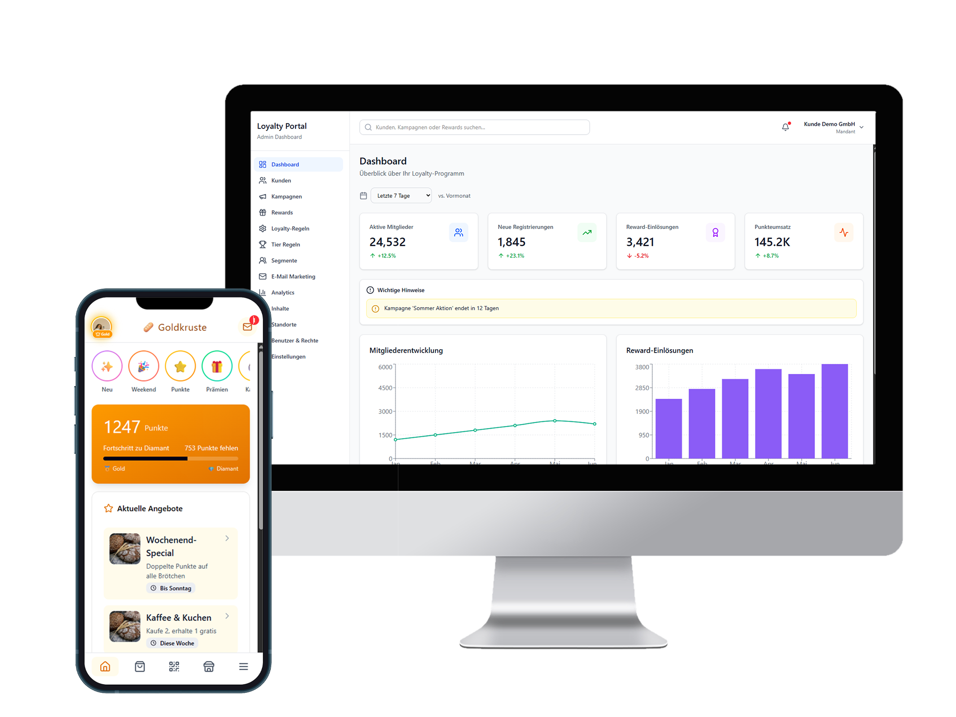 Die Loyalty-App auf einem Smartphone mit Punktestand und Angeboten, daneben das Loyalty-Portal als Admin-Dashboard auf einem Monitor