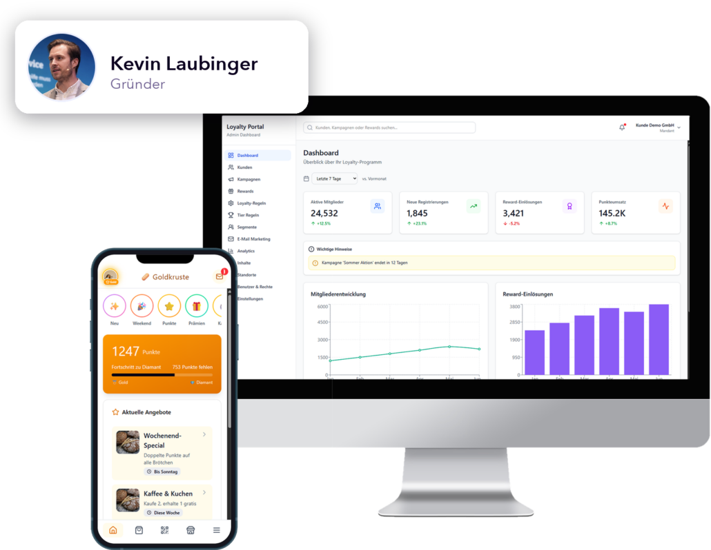 Die Loyalty-App auf einem Smartphone und das Loyalty-Portal als Admin-Dashboard auf einem Monitor, davor eine Karte mit dem Foto von Kevin Laubinger, Gründer von Loyalty